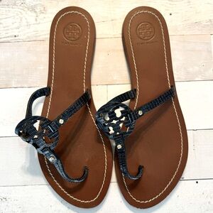 Tory Burch Mini Miller Leather Sandals Navy Blue Size 9